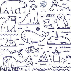 Arctic and Antarctic Animal Line Art Collection - Minimalist Polar Wildlife Icons Set © Lutfar
