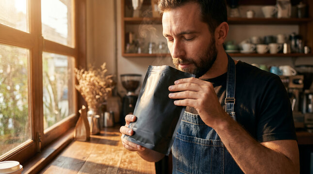 Passionate barista closing eyes to smell the aroma of freshly roasted coffee beans