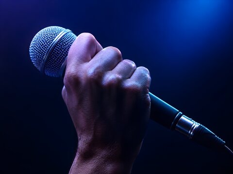 Singer Holding Microphone On Dark Stage With Blue Light