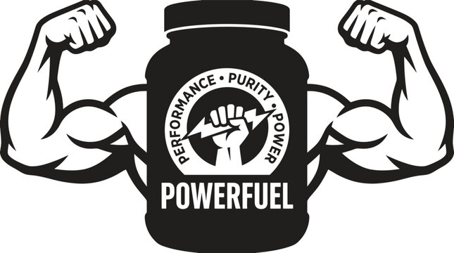 muscle flexing man with supplement bottle