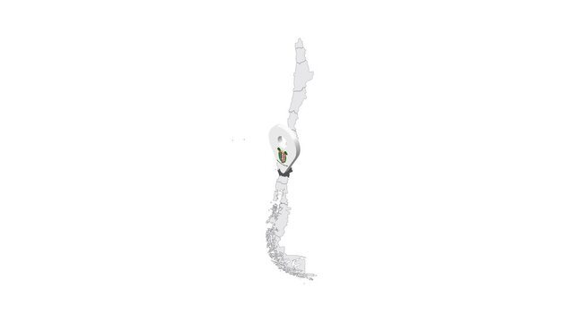 Location Araucania Region on map Chile. 3d Araucania emblem map marker location pin. Map of Chile showing different parts. 4K.  Animated Video