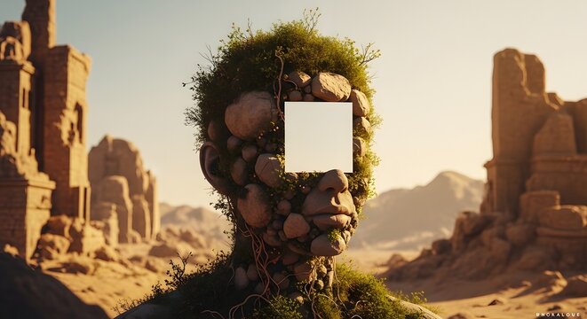Conceptual head made of stones and moss with a white square face. Identity and nature connection. Surreal statue of a human figure covered in greenery in a desert canyon landscape