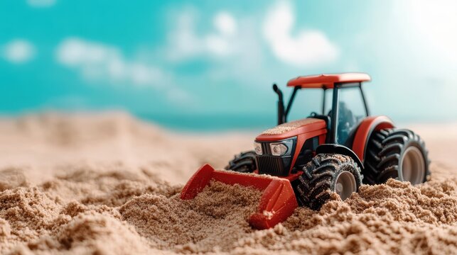 A playful scene featuring a toy tractor in a sandy area, under a bright blue sky, igniting the spirit of childhood creativity and imagination through pretend play.