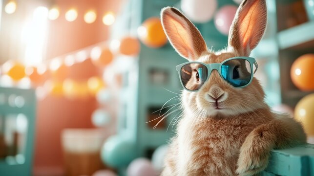 A trendy rabbit sporting sunglasses, relaxed and unbothered, perfectly capturing a playful and whimsical vibe in a colorful setting filled with festive decorations.