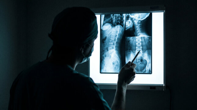 Silhouette of a Doctor Pointing at a Spinal X-Ray on a Light Box