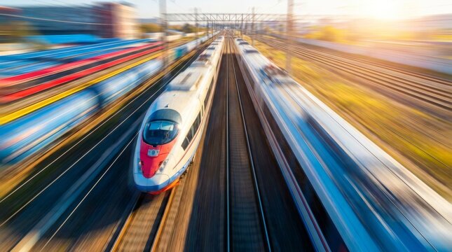 Dynamic High-Speed Rail: Modern Bullet Trains Zooming on Parallel Tracks with Motion Blur