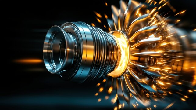 An intricate close-up of a turbine engine component captures the essence of engineering and technology with its stunning design and dazzling sparks of energy.