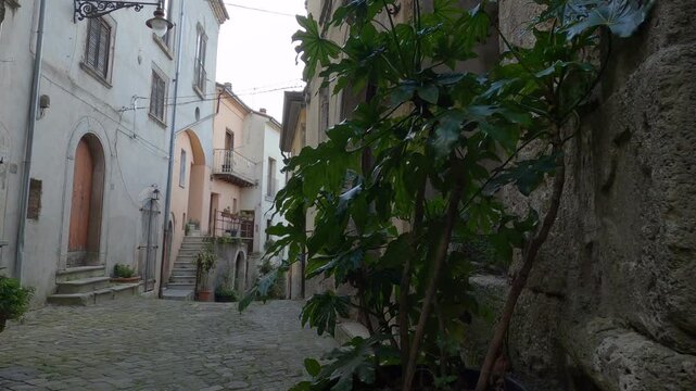 Historic center of the small village of Castel San Vincenzo with ancient stone houses, Molise, Italy