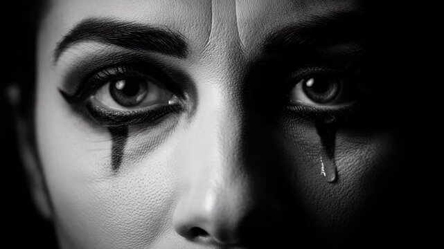 Dramatic close up of a woman's eyes with dark smeared makeup and tears flowing down