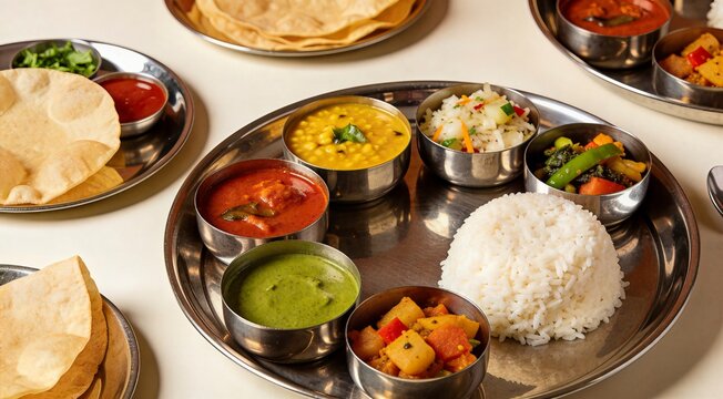Traditional Indian Thali Platter with Rice Dal Vegetable Curries Chutney and Papadum on Metal Plate