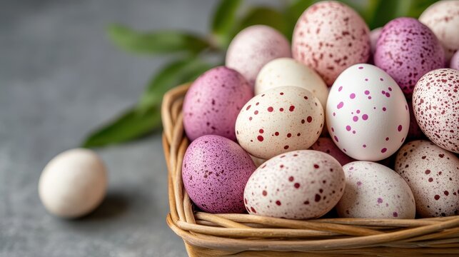 A beautiful basket filled with colorful Easter eggs, rich in patterns and hues, celebrating the essence of spring and the joy of the holiday tradition.