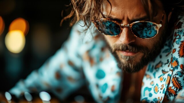 A sharply dressed man with curly hair wearing distinctive sunglasses, exuding a unique blend of style, confidence, and charisma in an artistic urban setting.