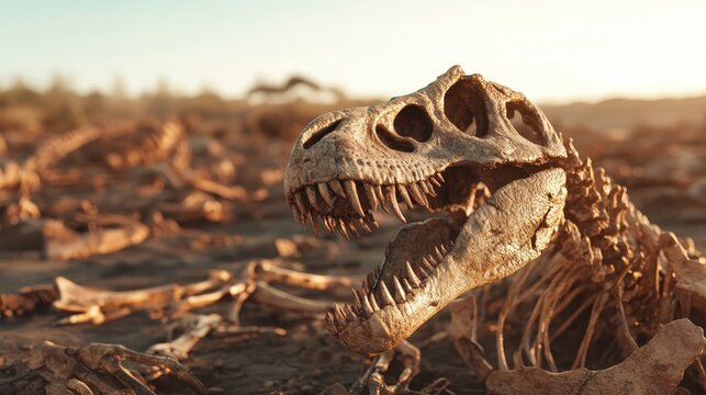 A dramatic close-up of a dinosaur skeleton partially buried in a barren landscape, evoking a sense of mystery and ancient history and captivating the imagination.