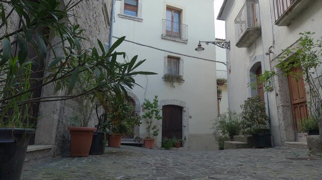Historic center of the small village of Castel San Vincenzo with ancient stone houses, Molise, Italy