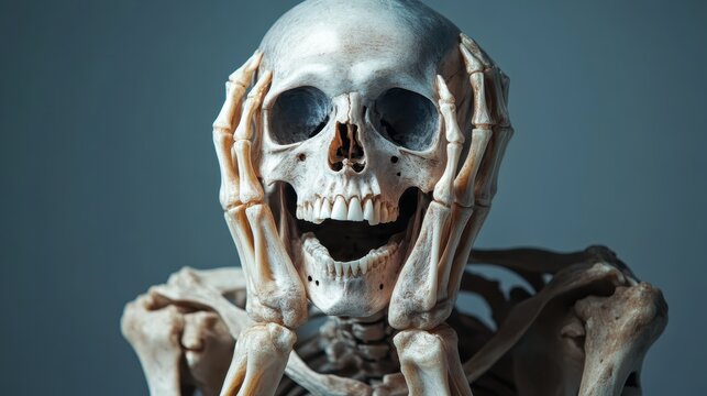 A realistic human skeleton holds its face in despair, symbolizing existential thoughts, fear, or stress, while remaining eerily expressive against a muted background.