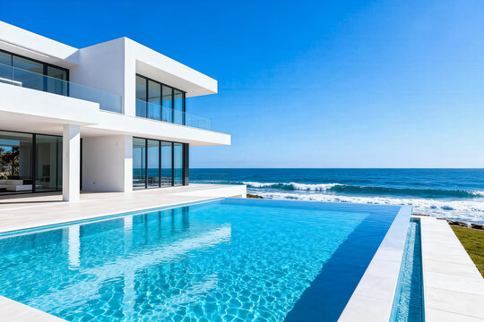 This minimalist modern luxury coastal villa features an infinity-edge swimming pool, with floor-to-ceiling glass windows and oceanfront views under clear blue skies.