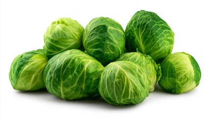 Fototapeta premium Vibrant green cabbages on white background. Artificial intelligence image