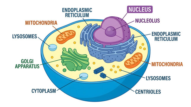 Diagram illustrating the various organelles within an animal cell, including the nucleus, mitochondria, endoplasmic reticulum, Golgi apparatus, lysosomes, and centrioles.