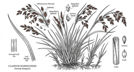 Fototapeta premium Swamp sawgrass botanical vector hand drawn Cladium mariscus plant illustration isolated on white