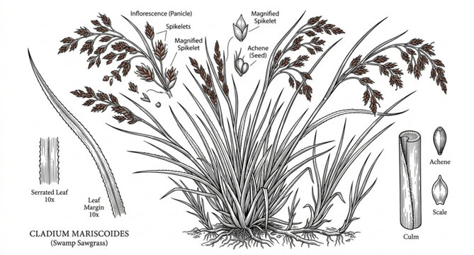 Swamp sawgrass botanical vector hand drawn Cladium mariscus plant illustration isolated on white