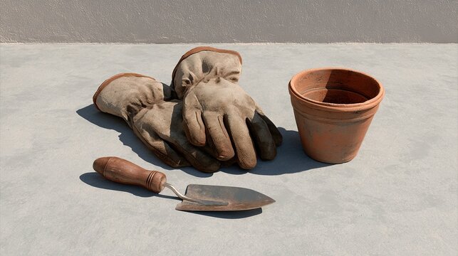 Used worn gardening tools including canvas gloves metal trowel and empty terracotta plant pot laid on light concrete surface for gardening hobby concept