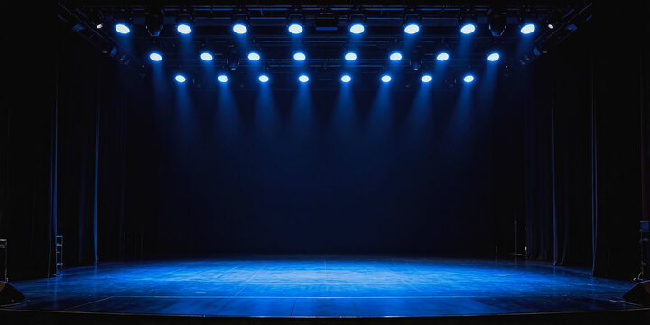 This is a professional theater stage equipped with overhead blue spotlights, illuminating the empty wooden performance floor with closed side curtains.
