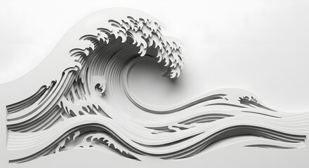 Fototapeta premium Layered Paper Cut Ocean Wave in Minimal White Style Inspired by Japanese Art