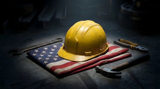 construction helmet tools on American flag labor day Happy American Labor day Celebration