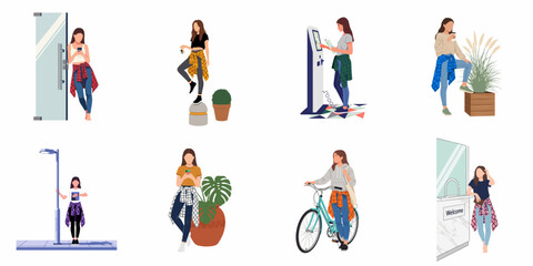 Naklejka premium Flat Vector Illustration Set of a Young Woman Engaged in Various Daily Urban Activities and Using Technology in Different City Settings