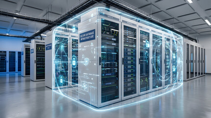 Naklejka premium Secure database infrastructure with digital security icons in a server room