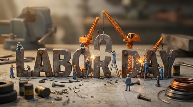 Labor day creative construction workers making text with cranes scene labor day industrial teamwork
