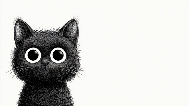 Adorable black cat with big eyes on a white background, looking curious