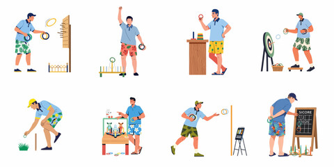 Fototapeta premium Set of vector illustrations depicting a man in tropical attire playing various versions of the ring toss game.