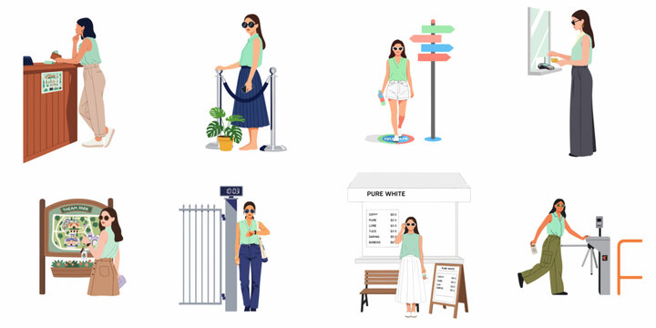 Set of vector illustrations featuring a young woman tourist at a theme park, paying, checking map, waiting in line, and entering the attraction.