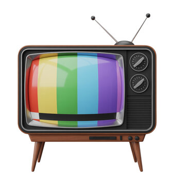 Vintage 3D TV with Colorful Rainbow Test Pattern and Wooden Stand
