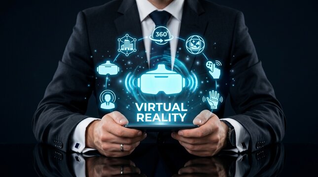 business professional holding futuristic virtual reality interface with global technology icons