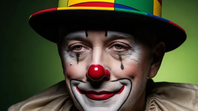 Older clown wearing a colorful hat and striped shirt smiling warmly