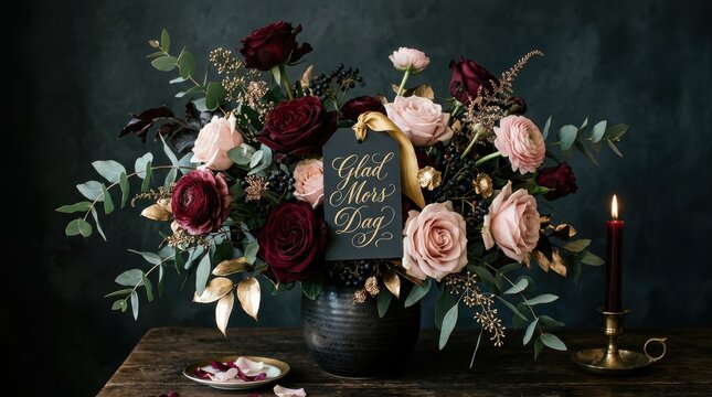 A luxurious floral arrangement with hand-lettered &ldquo;Glad Mors Dag&rdquo; in flowing calligraphy