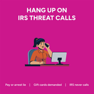 Flat vector illustration depicting a surprised office worker receiving a suspicious phone call from an impostor claiming to be from the irs to warn people about common tax related scam tactics