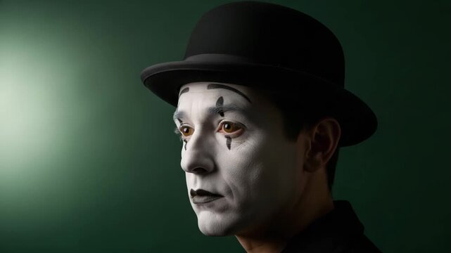 Mime artist in a black bowler hat and white makeup looking sideways