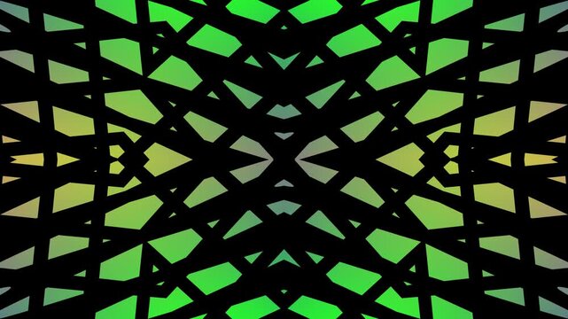 Abstract green fractal kaleidoscope design with symmetrical repeating geometric patterns on dark background suitable for digital art motion graphics and VJ loops