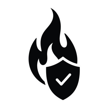 Fire and shield icon black silhouette of flame protecting a shield with checkmark on white background high quality professional detailed