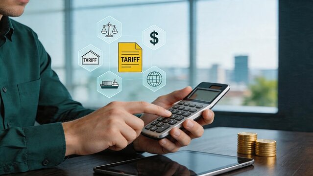 Businessman using calculator and tablet to calculate tariff fees international trade taxes shipping costs analysis