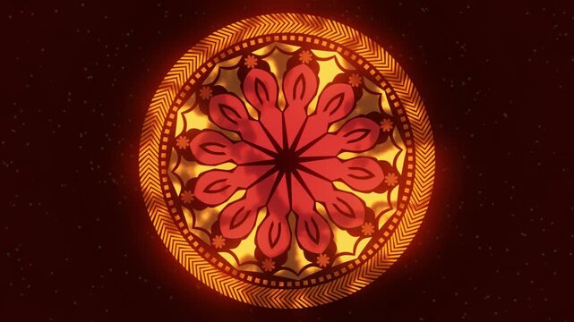 Abstract Floral Designed Colorful Mandala, A intricate circular design resembling a stylized flower or mandala against a dark starry background. The design incorporates concentric patterns and vibrant