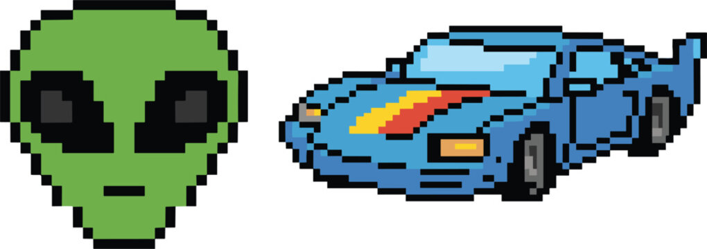Retro pixel art alien head and futuristic sports car in vibrant arcade style
