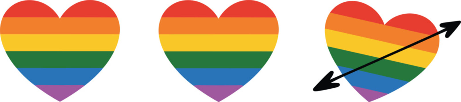 Vivid three rainbow hearts showing rotation and perspective shift across colorful pride symbols