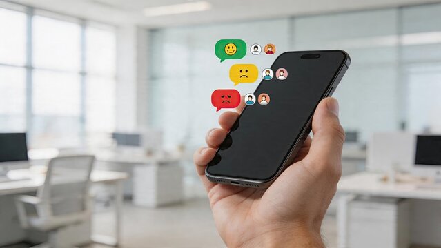 Business man holding smartphone in modern office hologram chat with emotion feedback symbols customer satisfaction survey interface social media sentiment analysis concept for