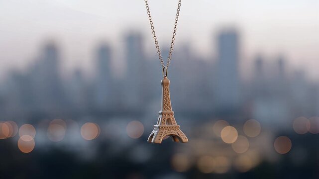 Miniature Eiffel Tower Travel Charm Necklace Pendant Suspended with Blurred Cityscape Background