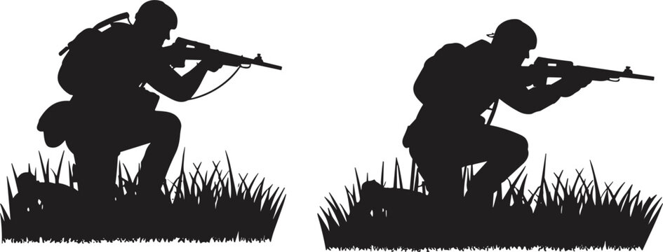 Military sniper figure in crouched stance with weapon in bold black silhouette style