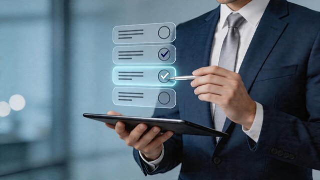 Businessman selecting digital checklist items on tablet futuristic interface with holographic options corporate strategy execution modern office workspace technology solutions for